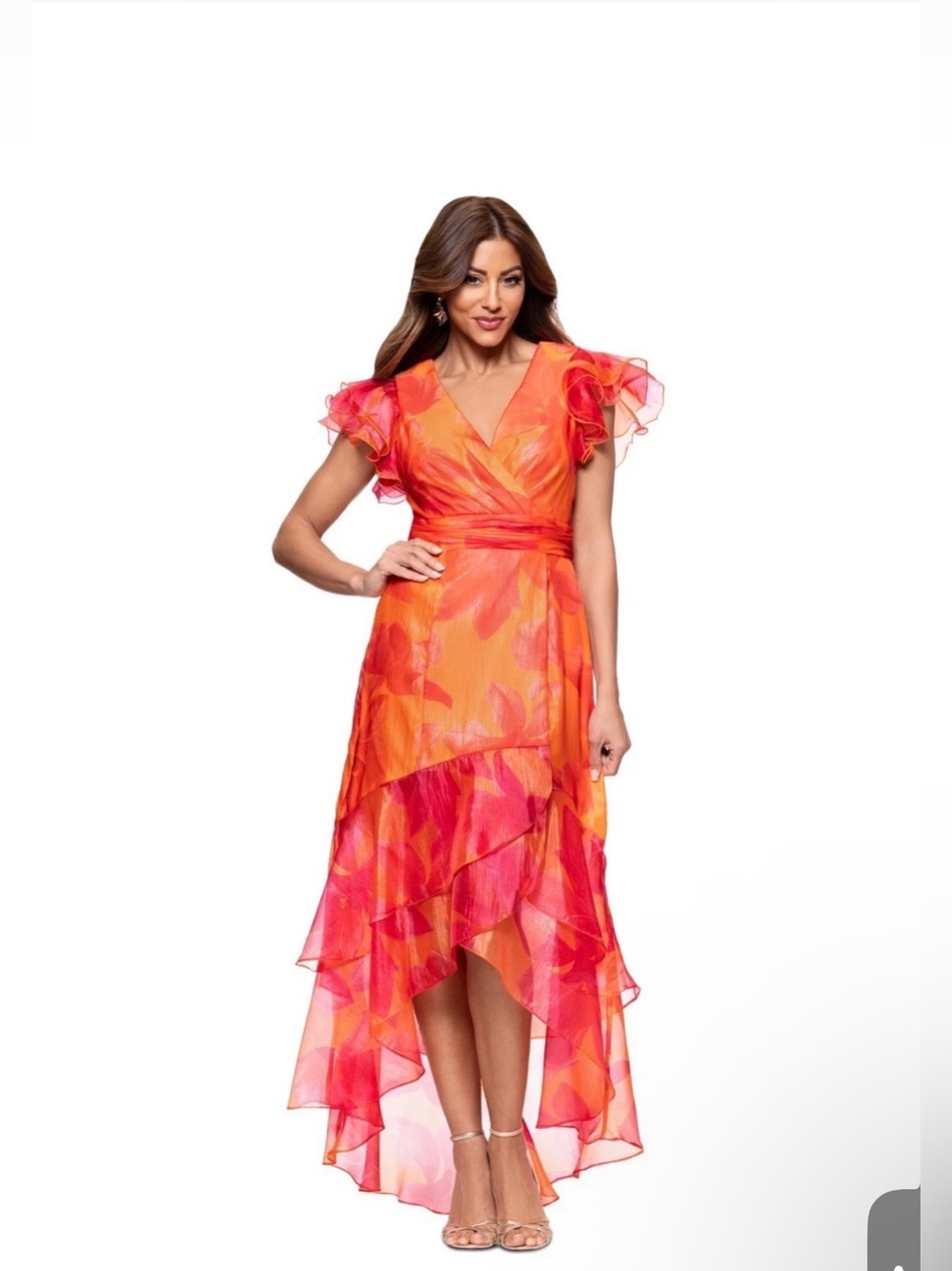 Xscape Orange Pink Watercolor Ruffle Sleeve High Low Dress Size 8 NWT
